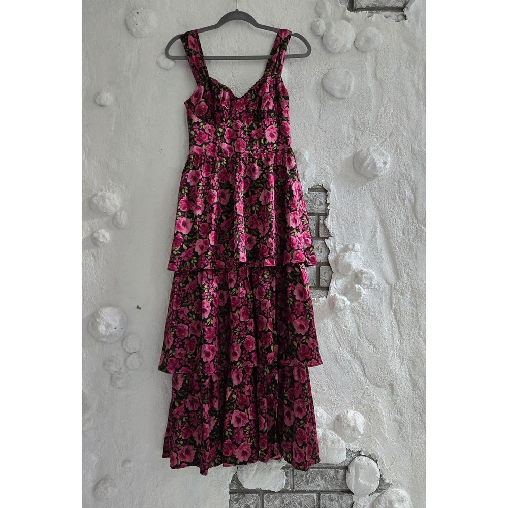 Crystal Doll Pink Floral Tiered Maxi Dress Sweetheart Neckline Smocked Back S
